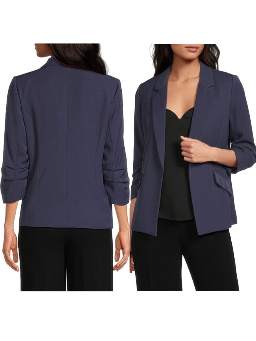 SKIES ARE BLUE Notch Lapel Shirred 3/4 Sleeve Open Front Statement Blazer Navy L